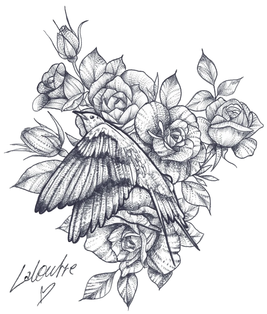 Dessin crayon d'un oiseau et fleurs